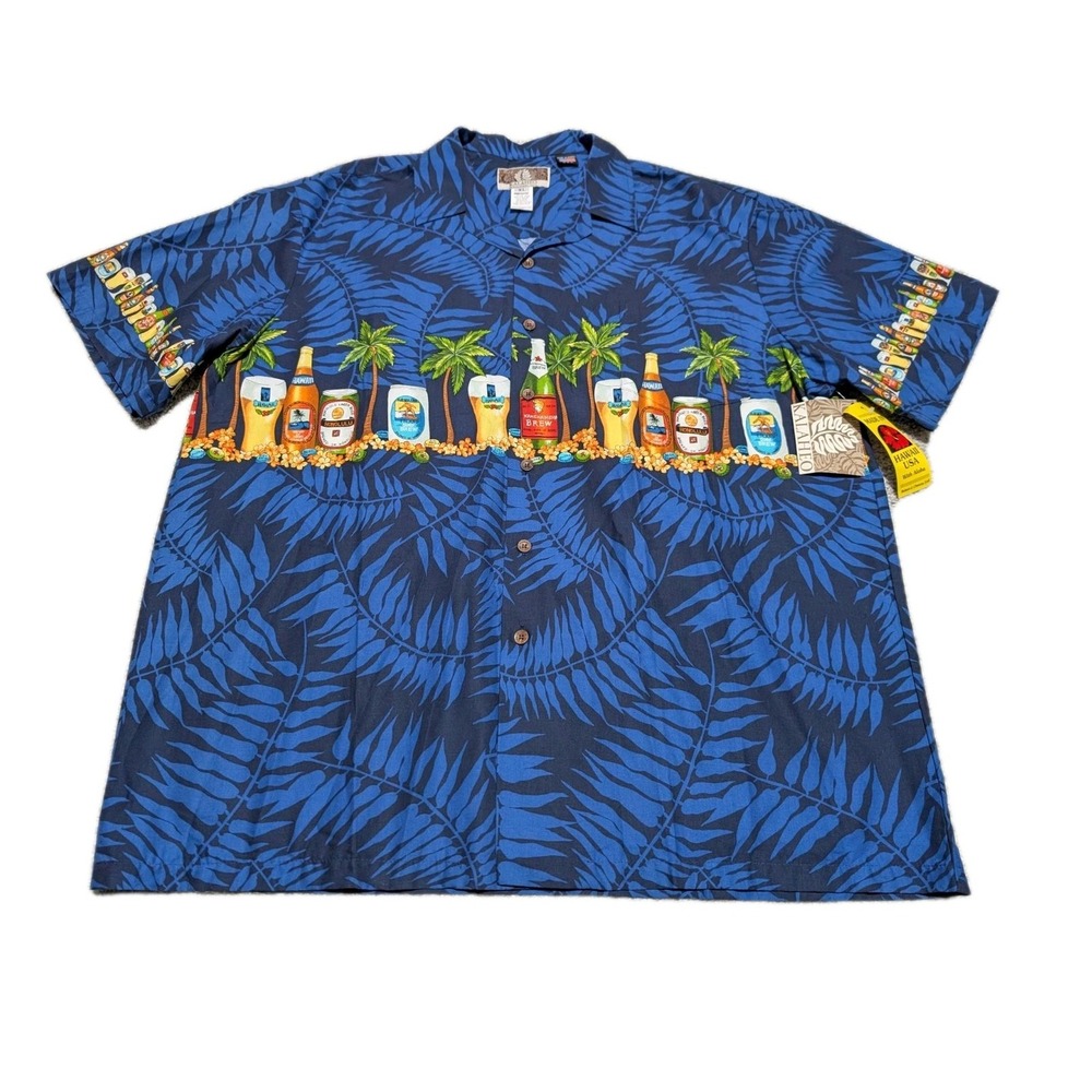 Kalaheo Mens Hawaiian Shirt Blue Leaf Beer Cotton Blend XL Button Up Shirt NWT